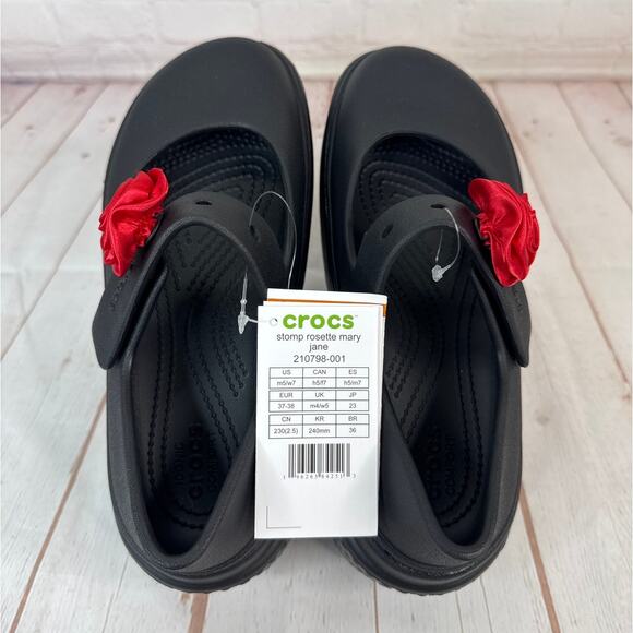 Crocs Stomp Rosette Mary Jane Black Red Rose Platform Clog Sandals M Sz 5/W Sz 7 - Picture 7 of 9